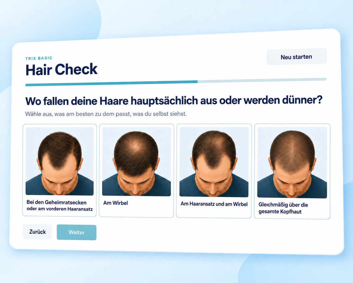 TRIX Basic Hair Check mit visuellen Auswahlmöglichkeiten für Haarausfallmuster bei Männern.