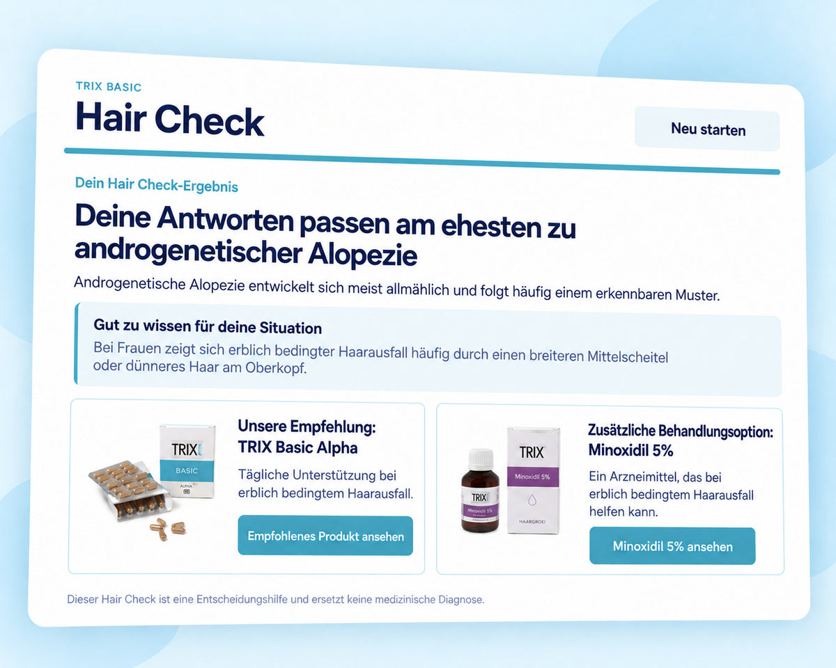 TRIX Basic Hair Check-Ergebnis für androgenetische Alopezie mit persönlichen Informationen und Produktoptionen.