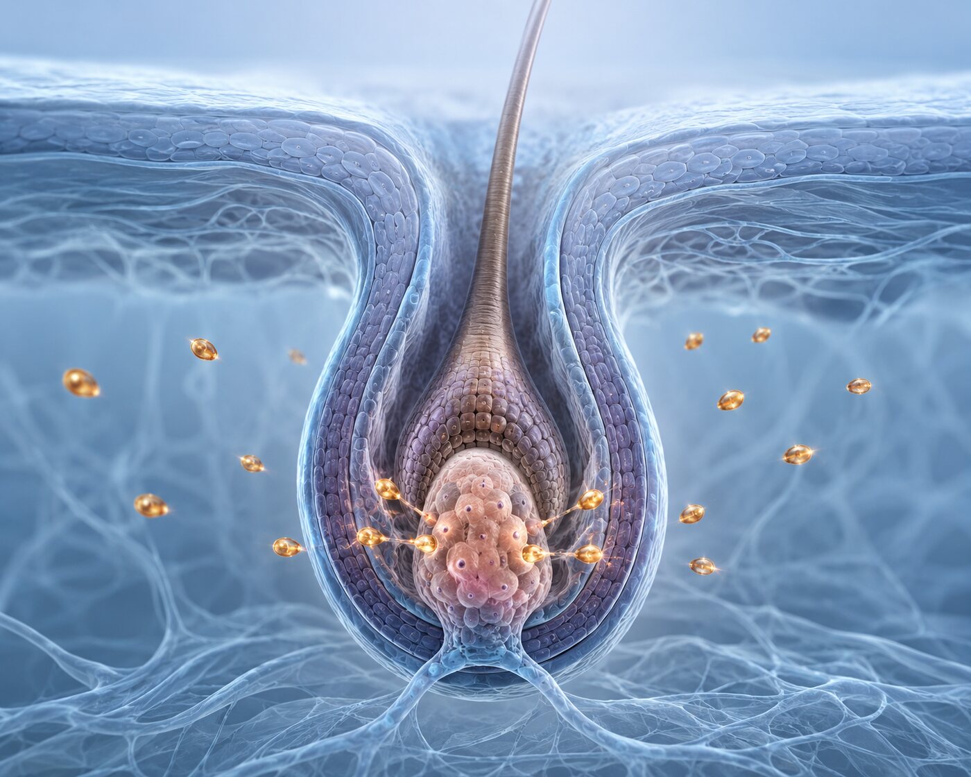 Illustratie van DHT-gevoeligheid rond de dermale papil van een haarzakje