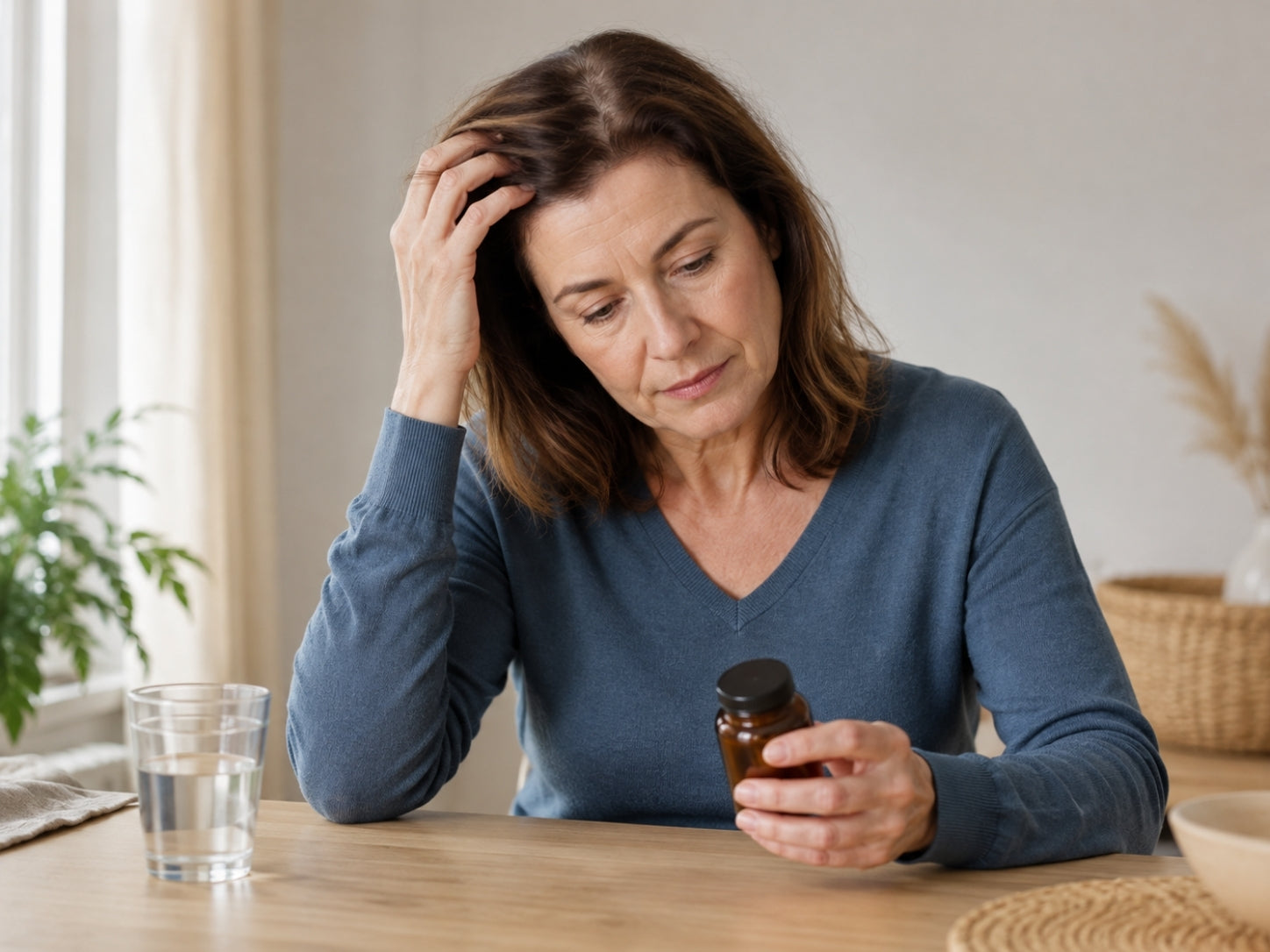 Frau mit Haarausfall, der möglicherweise mit Medikamenten zusammenhängt.