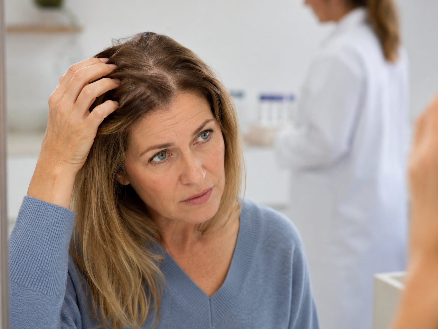 Frau kontrolliert ihr Haar bei Haarausfall durch Schilddrüsenprobleme.