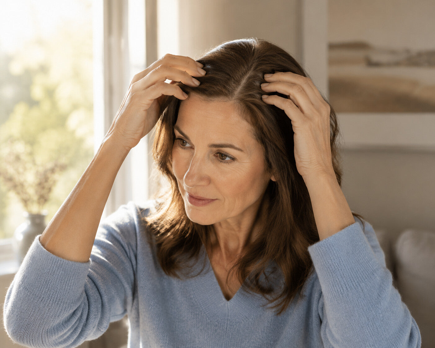 Frau kontrolliert ihr Haar bei möglichem Haarausfall durch Vitamin-D-Mangel.