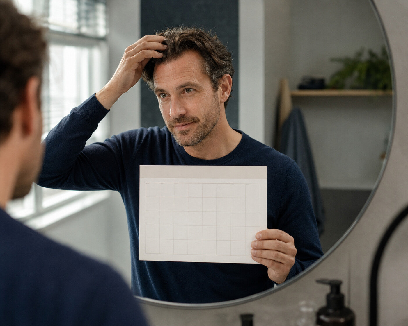 Man controleert zijn haar tijdens langdurig gebruik van minoxidil.