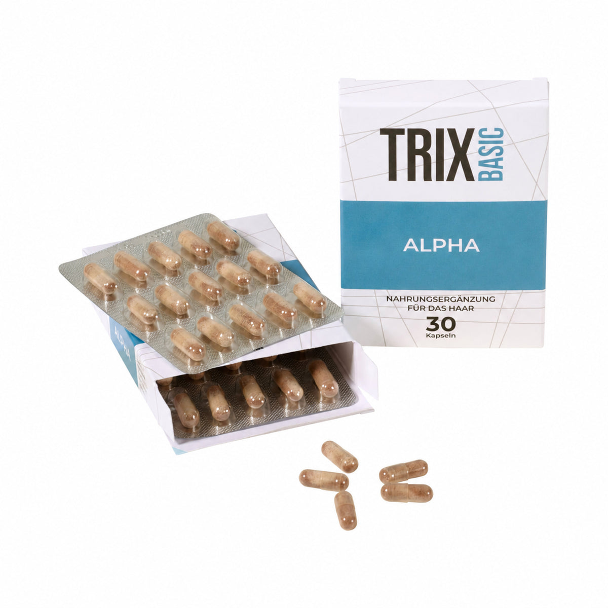 TRIX Basic Alpha Verpackung mit Blisterpackungen und losen Kapseln.
