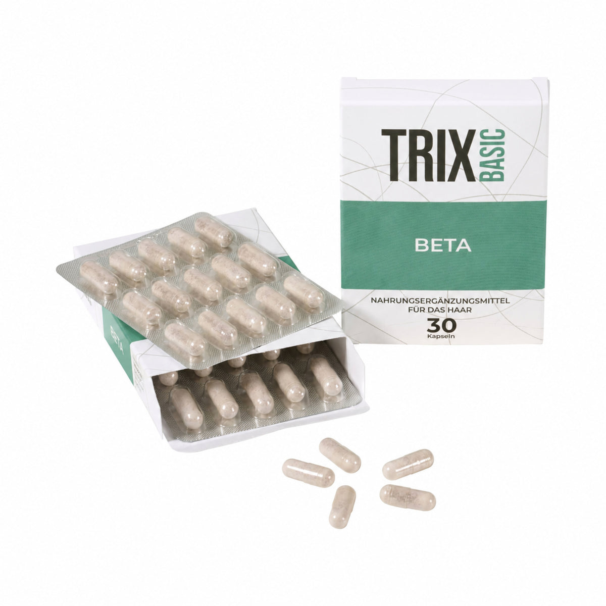 TRIX Basic Beta Nahrungsergänzungsmittel – Packung mit 30 Kapseln, Blisterpackungen und einzelnen Kapseln.