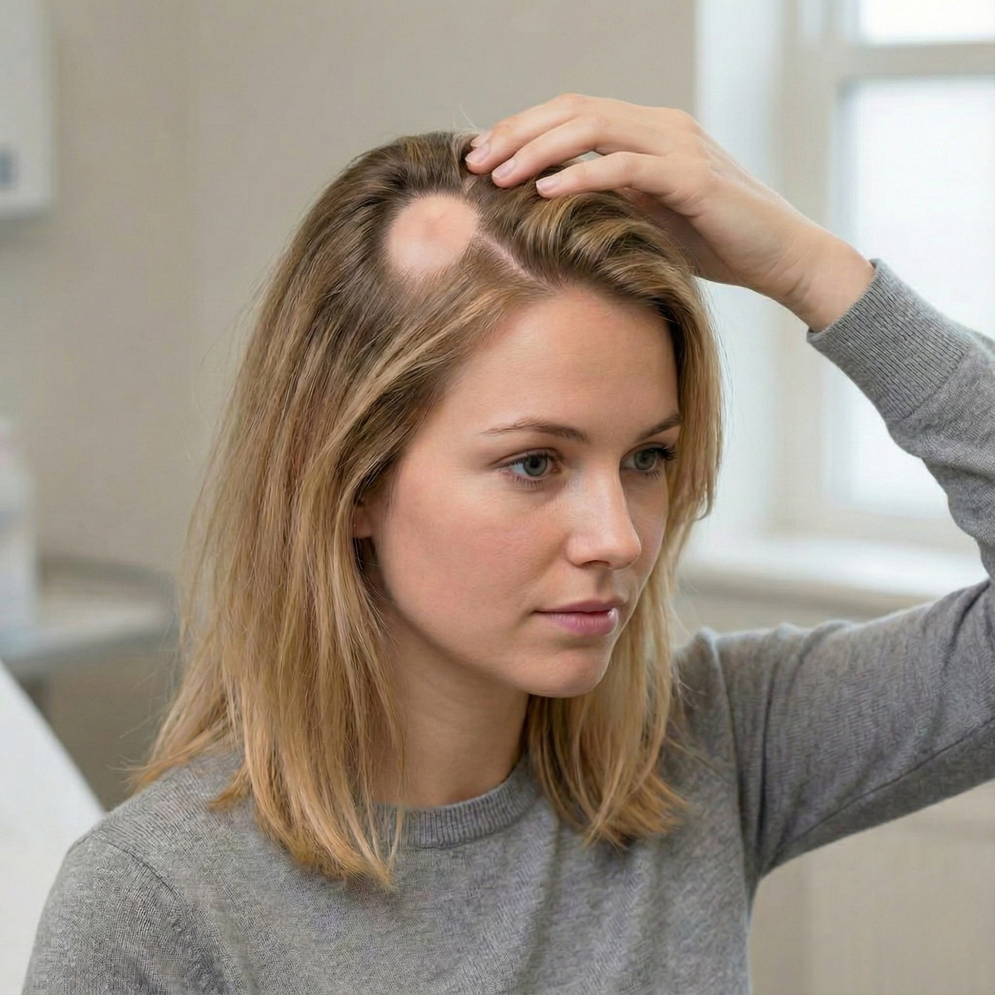 Frau mit lokalisiertem Haarausfall auf der Kopfhaut